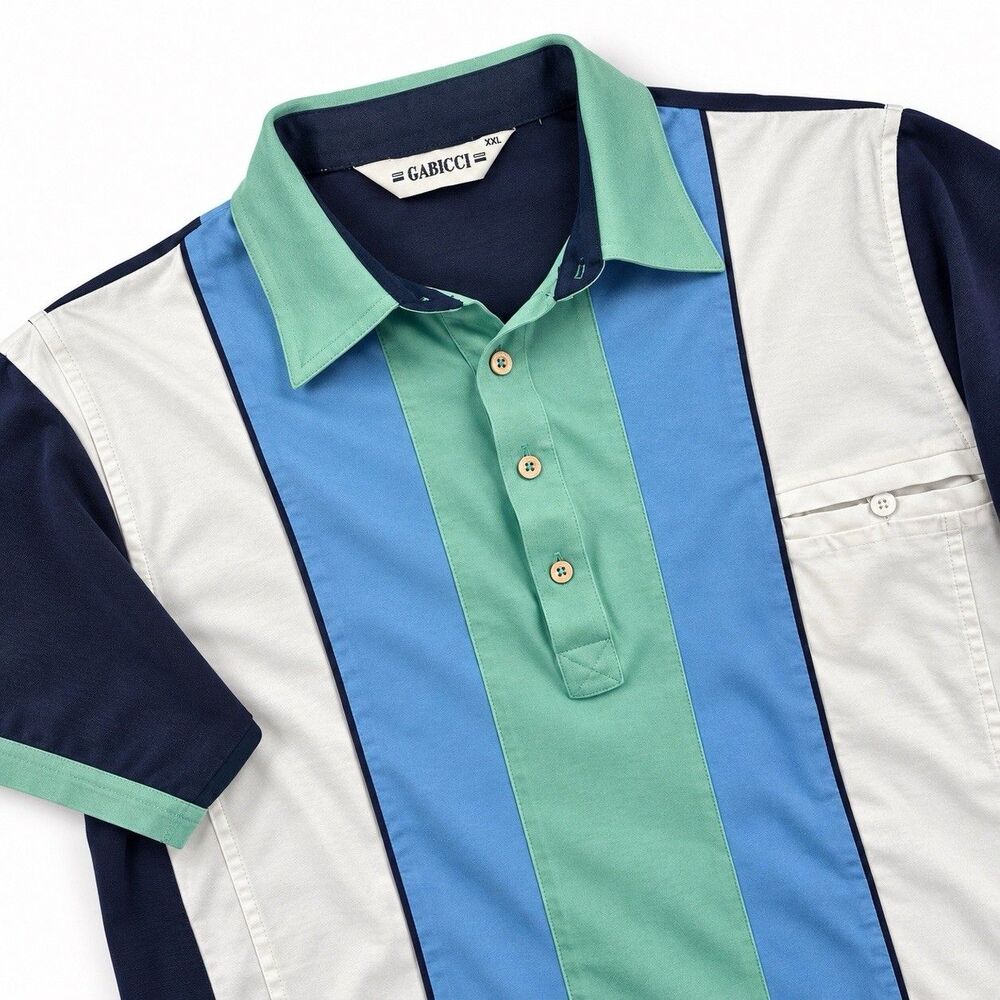 VTG Gabicci Colorblock Polo Navy Cream Green Mod Retro Preppy Men's 2XL